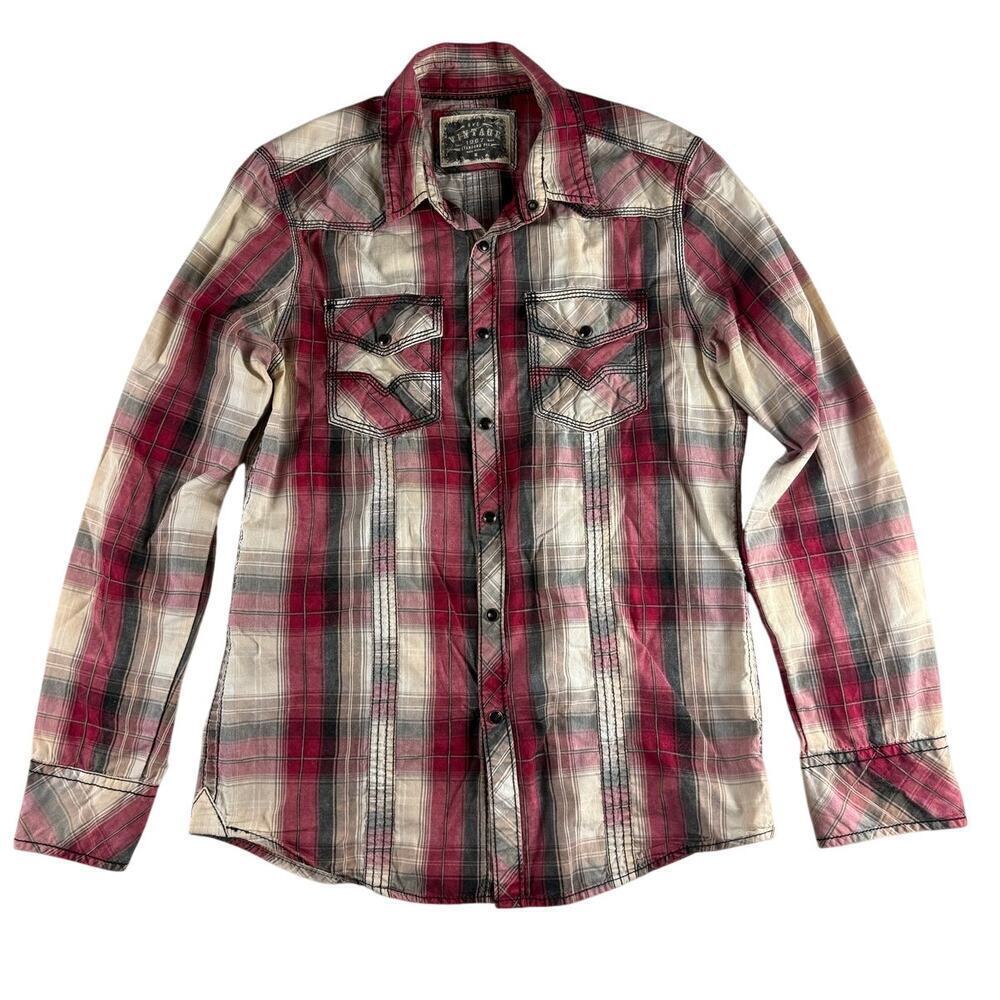 BKE Vintage Red Plaid Pearl Snap Western Shirt - Men's S